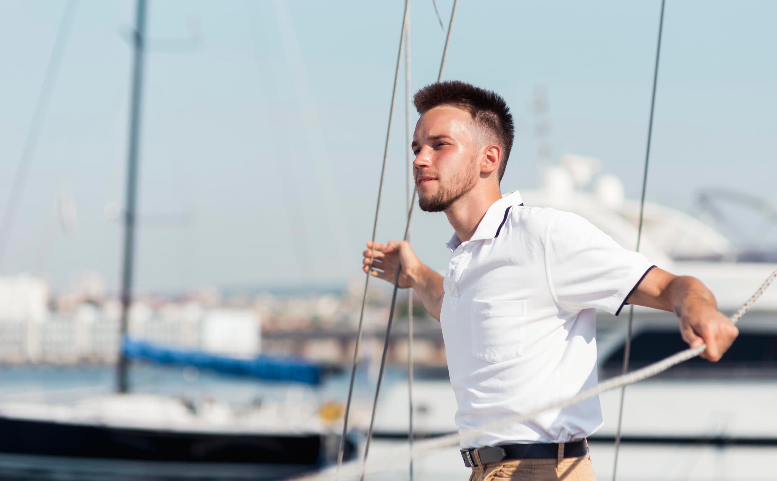 Yacht operations professional beside a marina