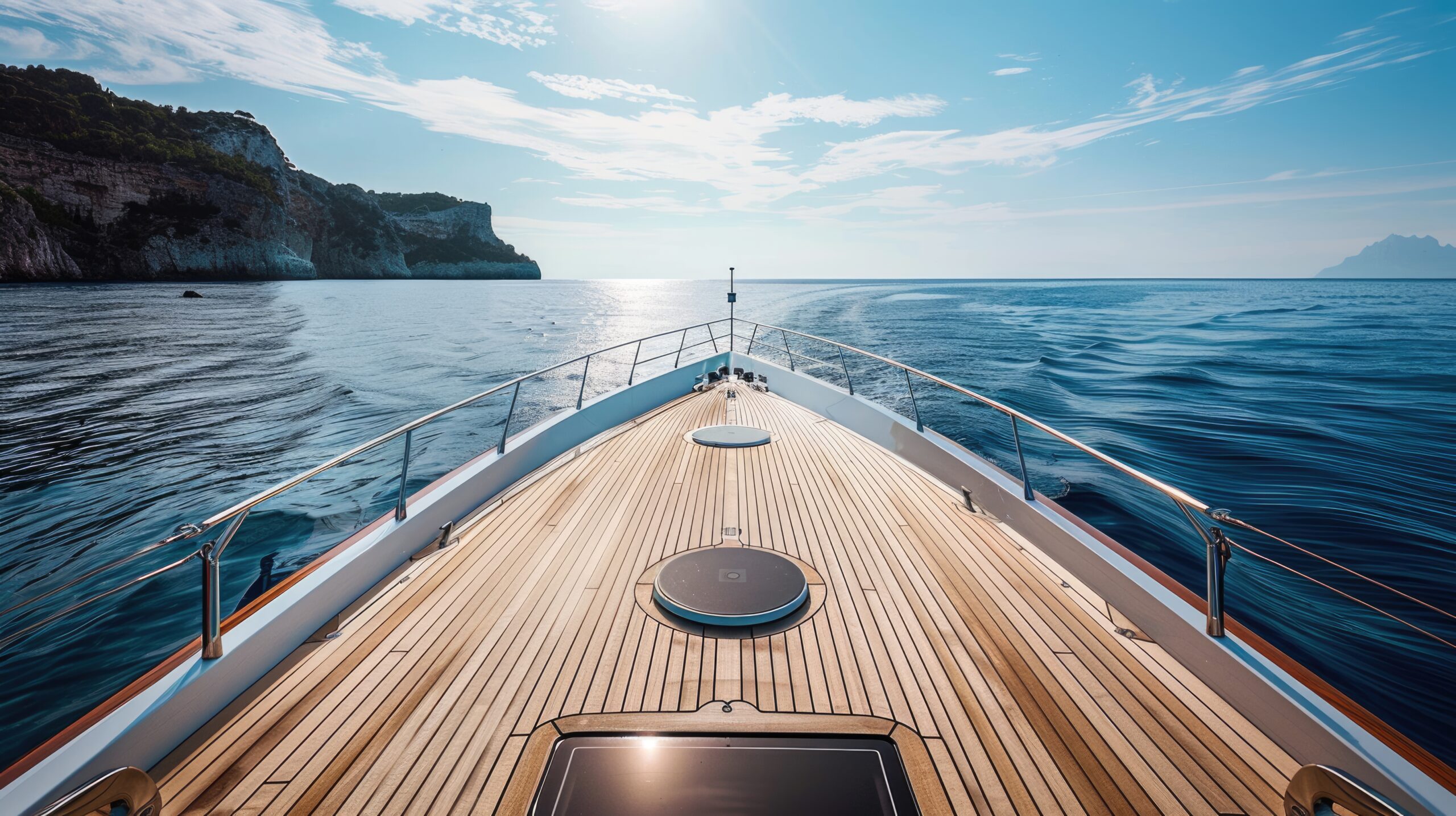 Yacht viewed from the bow at sea
